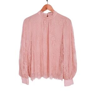 PINZIKO Pink Lace Mock Neck Blouse Long Bishop Sleeve Bow Back New NWT